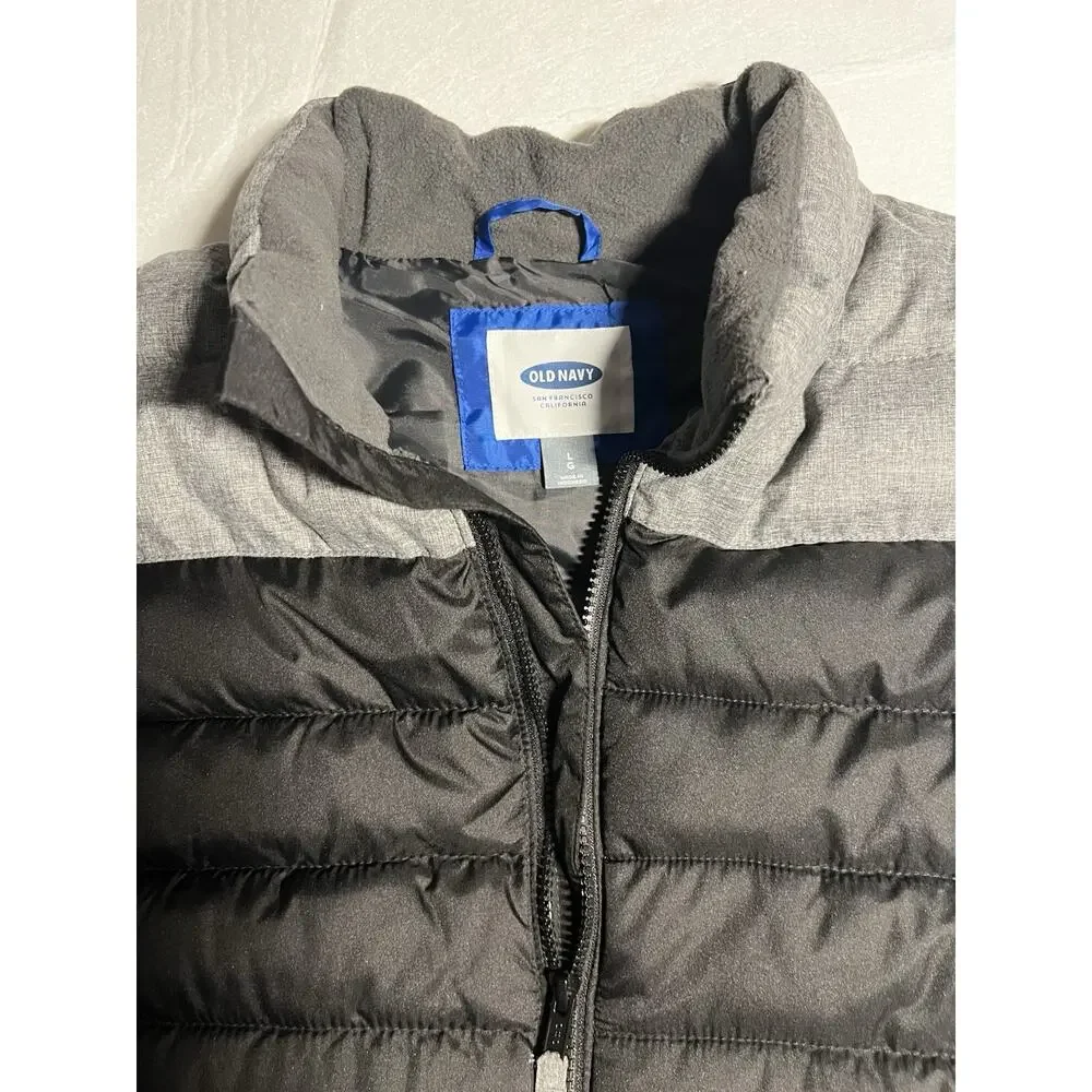 Old Navy Mens Large Black Gray Colorblock Puffer Vest Fleece Lined Full Zip